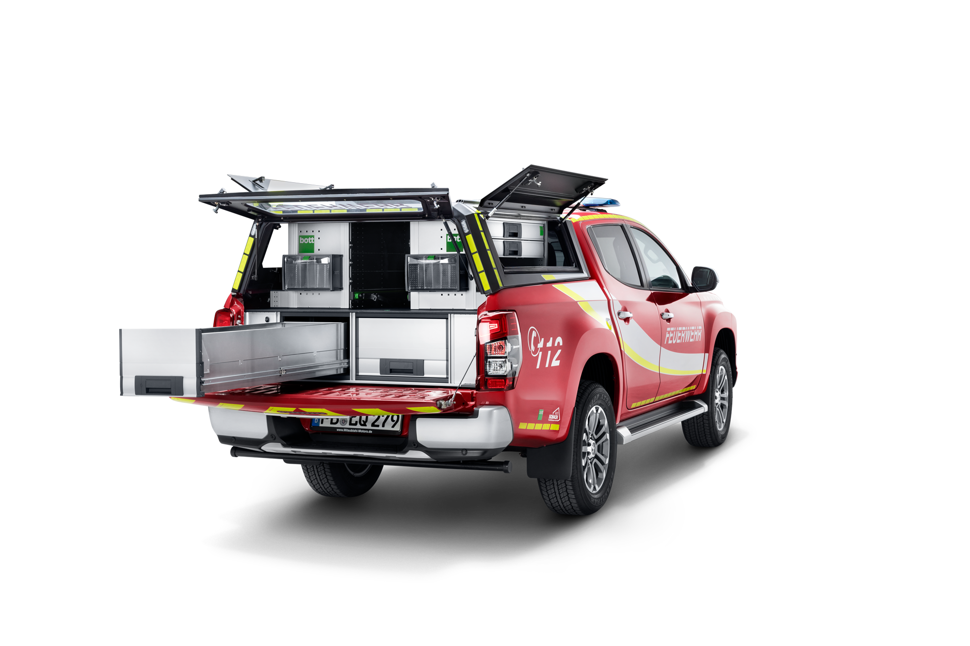 Fahrzeugeinrichtung für Pritschenfahrzeuge, Beispielaustattung für ein Mitsubishi-Feuerwehrauto