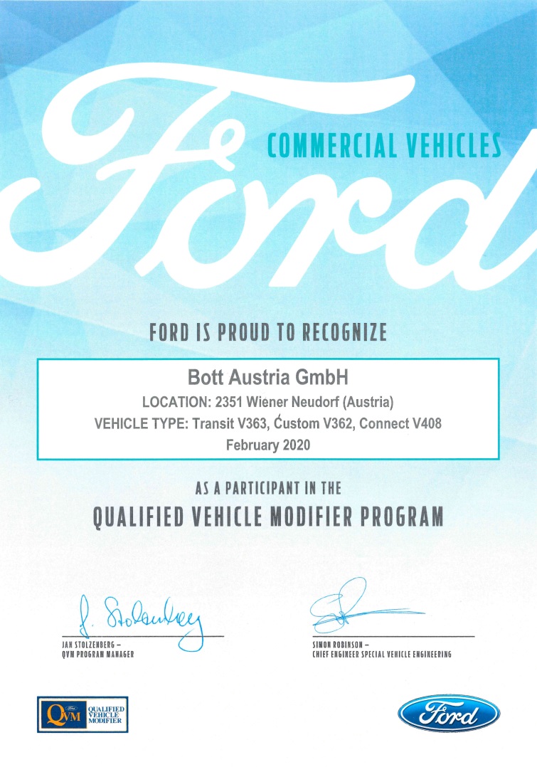 Bott Austria GmbH Zertifikat Ford Qualified Vehicle Modifier Program